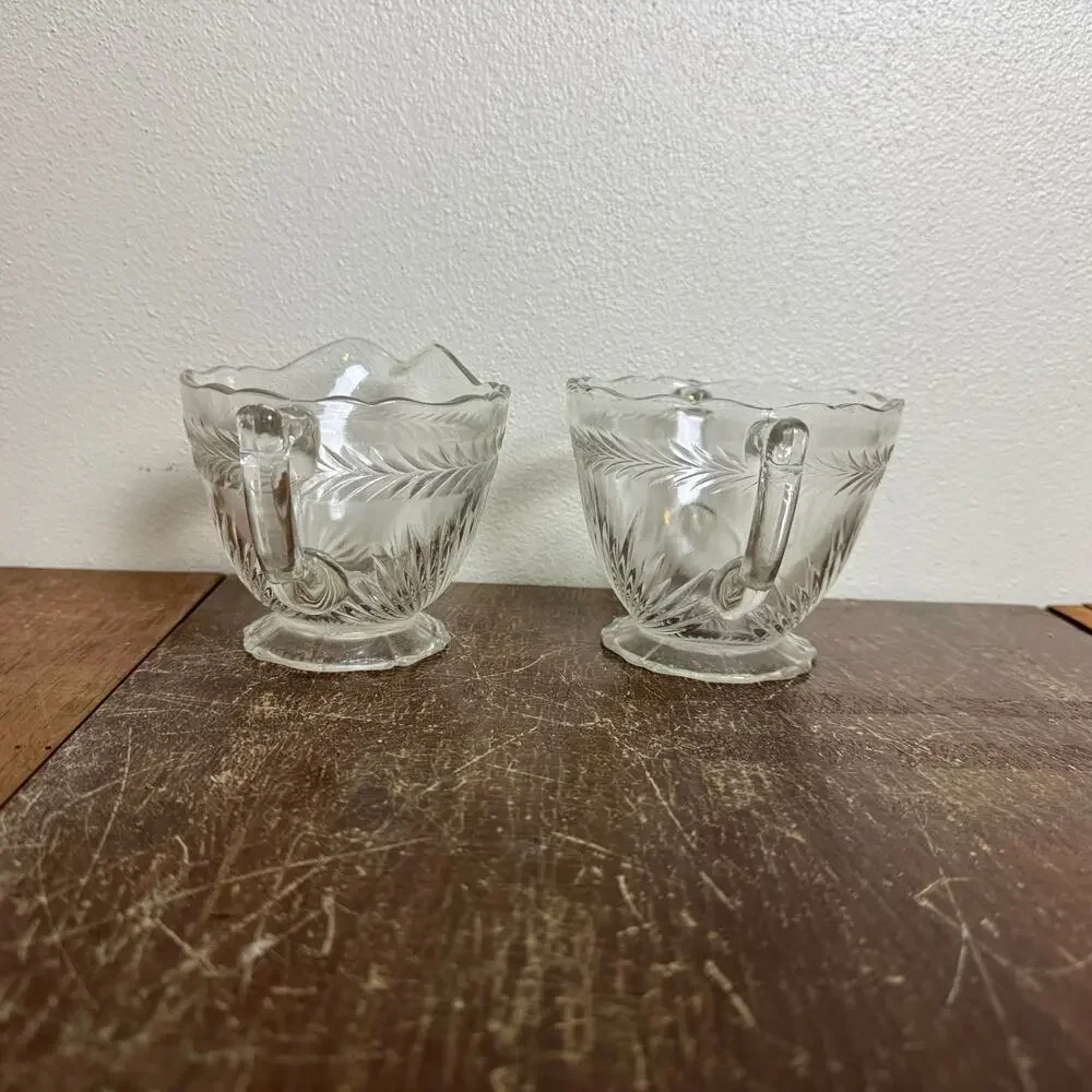 Vintage Jeanette Sunburst Pressed Clear Glass‎ open Sugar and Creamer Set